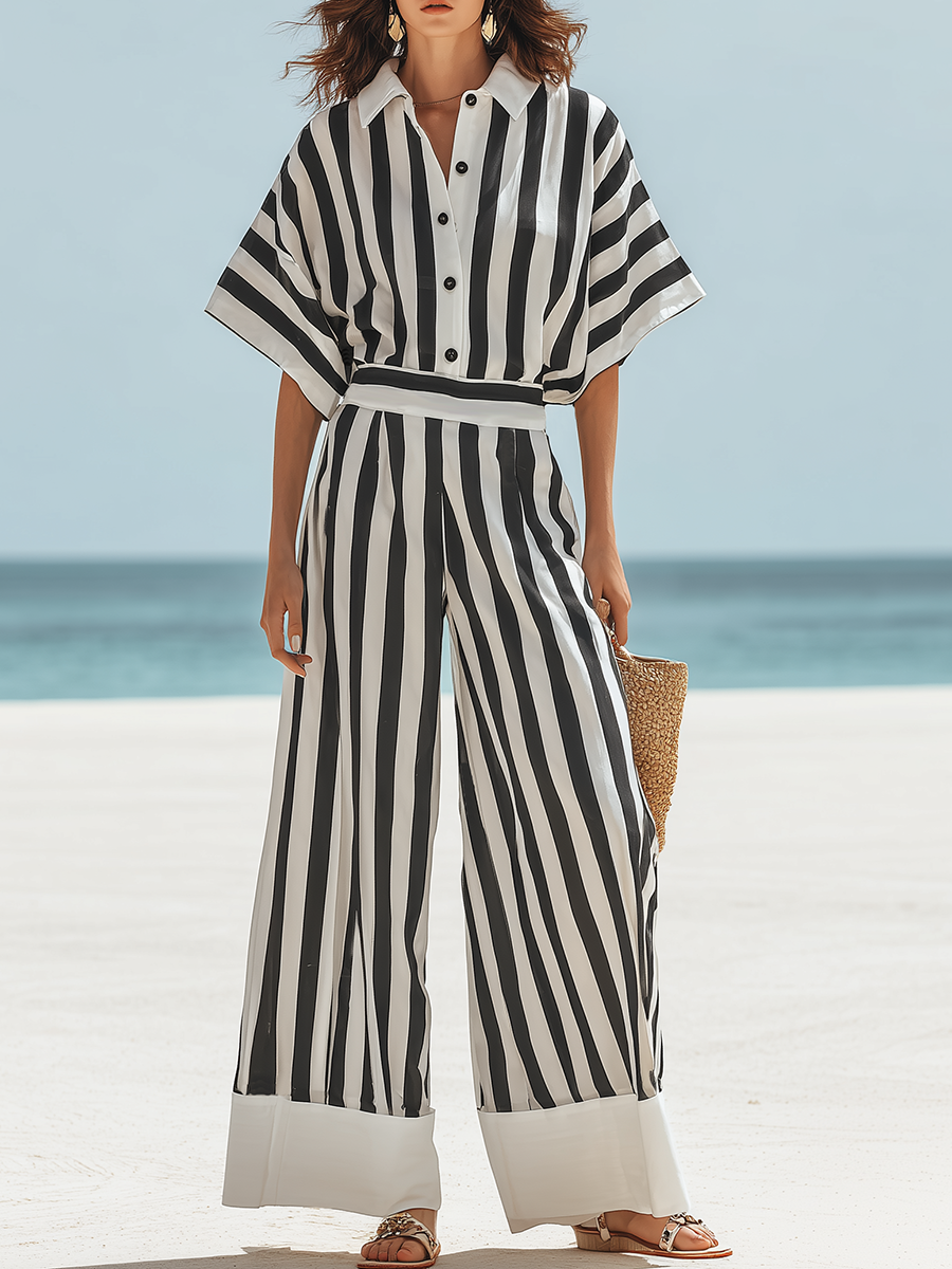 Resort-style Black And White Striped Short-sleeved Trouser Set