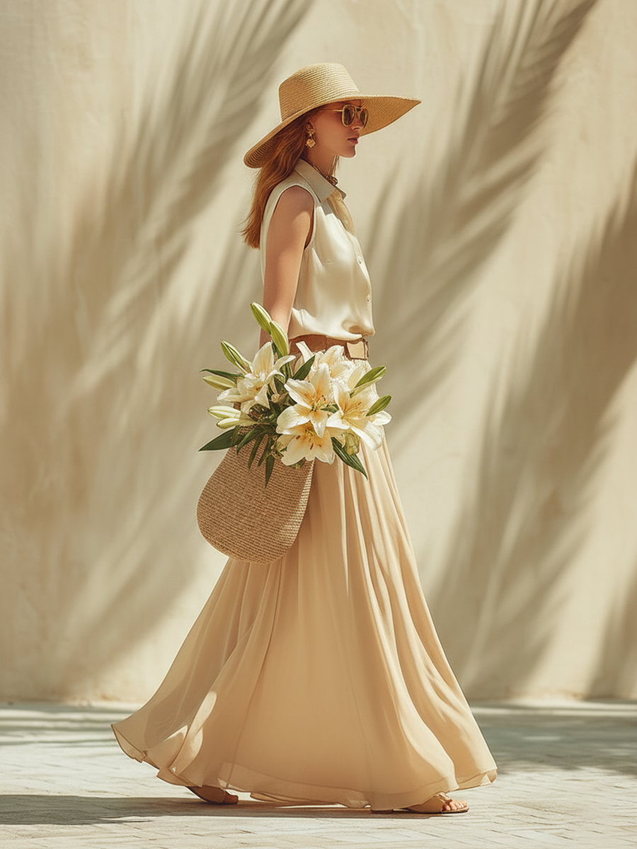 Elegant Vacation Off-white Sleeveless Satin Shirt And Sheer Skirt Set
