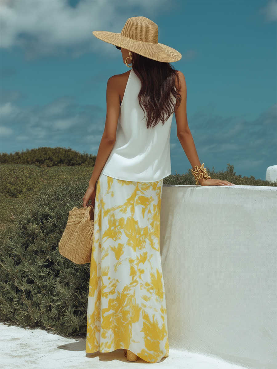 Resort-style White Sleeveless Top And Yellow Printed Skirt Set