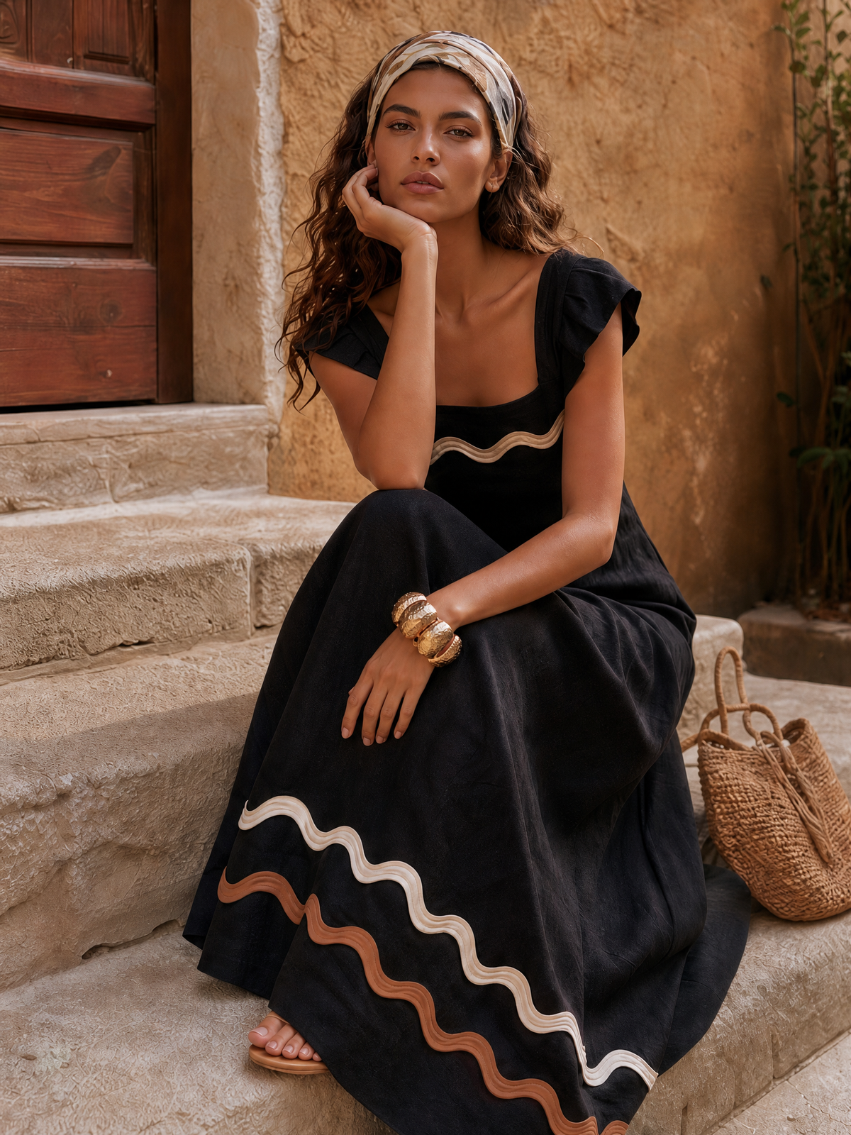 Resort-Style Contrasting Wave Trim Black Cotton-Linen Maxi Dress