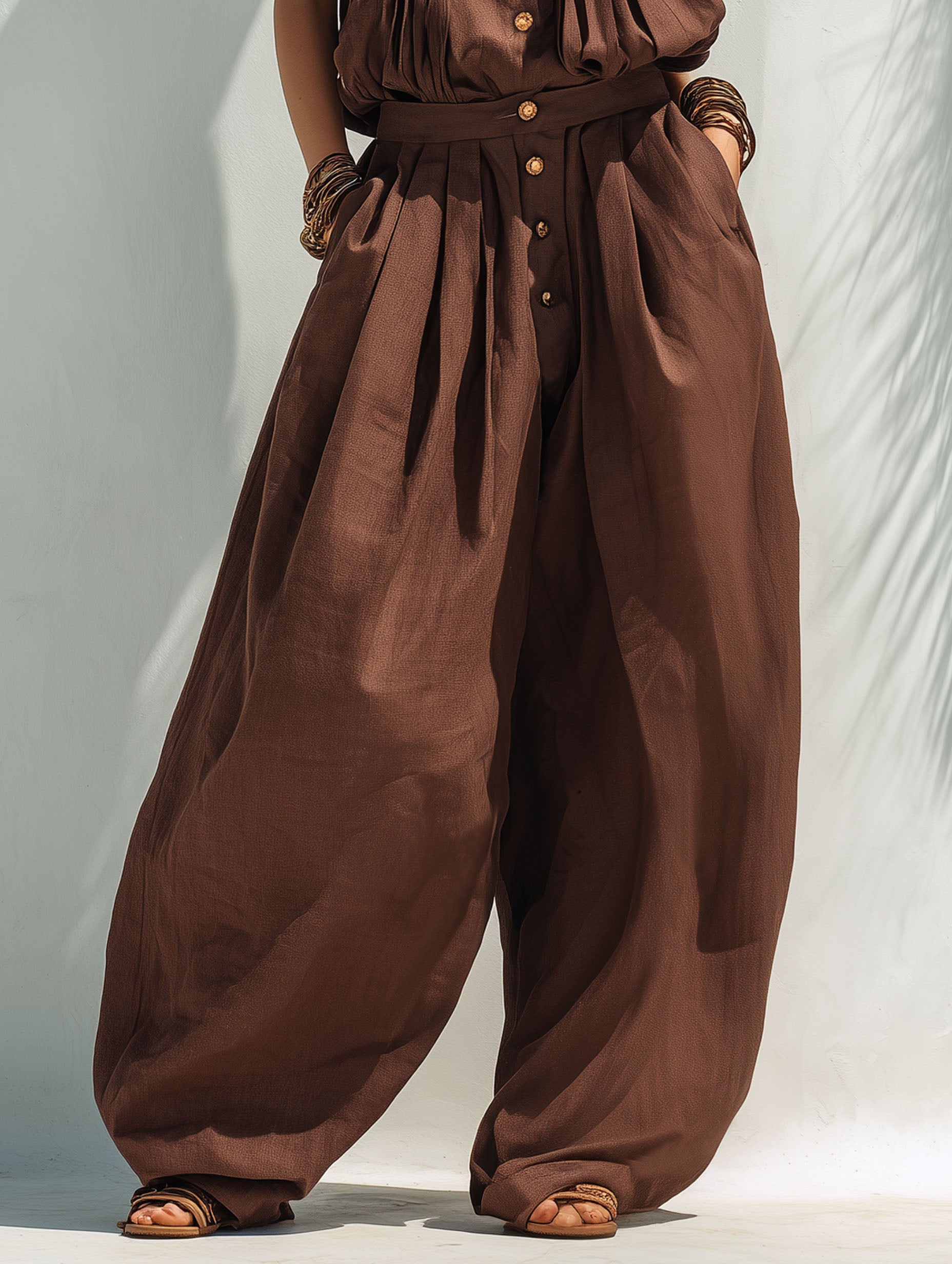 Elegant Vacation-Style Brown Cotton Linen Sleeveless Top And Metal Button Trousers Set