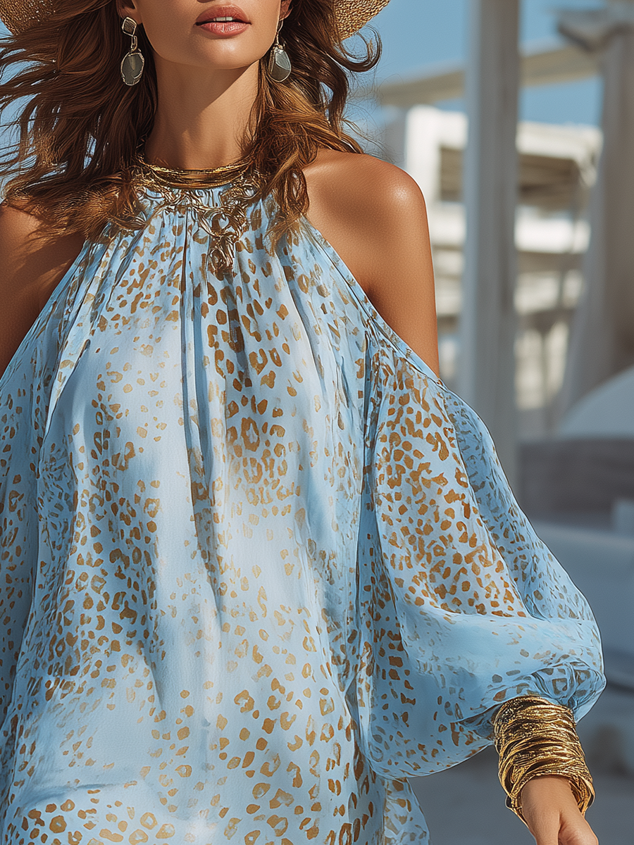Romantic Bohemian Long-Sleeve Off-Shoulder Leopard Print Blue Chiffon Mini Dress
