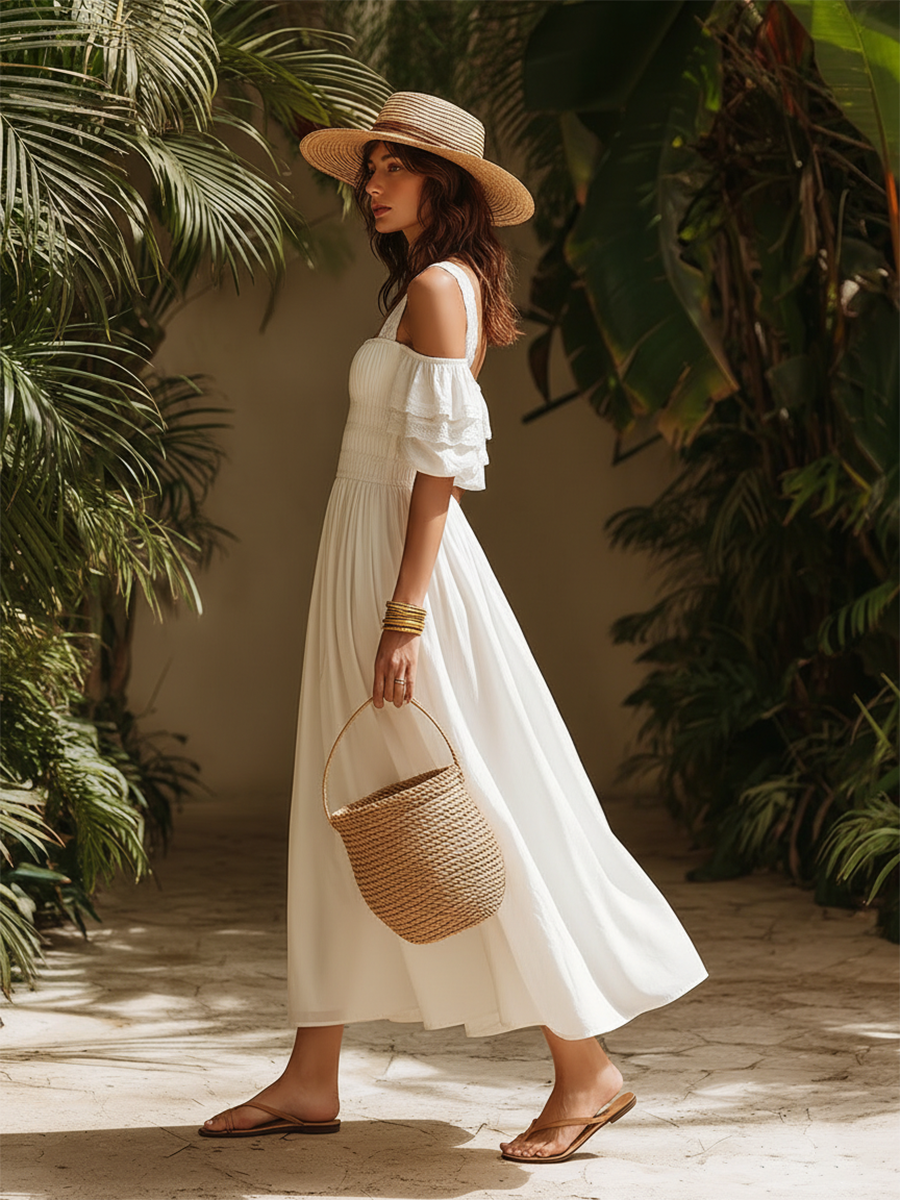 Elegant Vacation Short-sleeved Ruffled White Cotton And Linen Maxi Dress