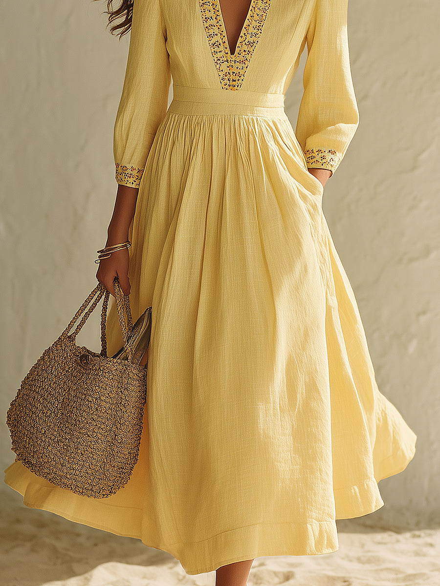 Mediterranean Romantic Pale Yellow Cotton Linen Embroidered V-Neck Midi Dress