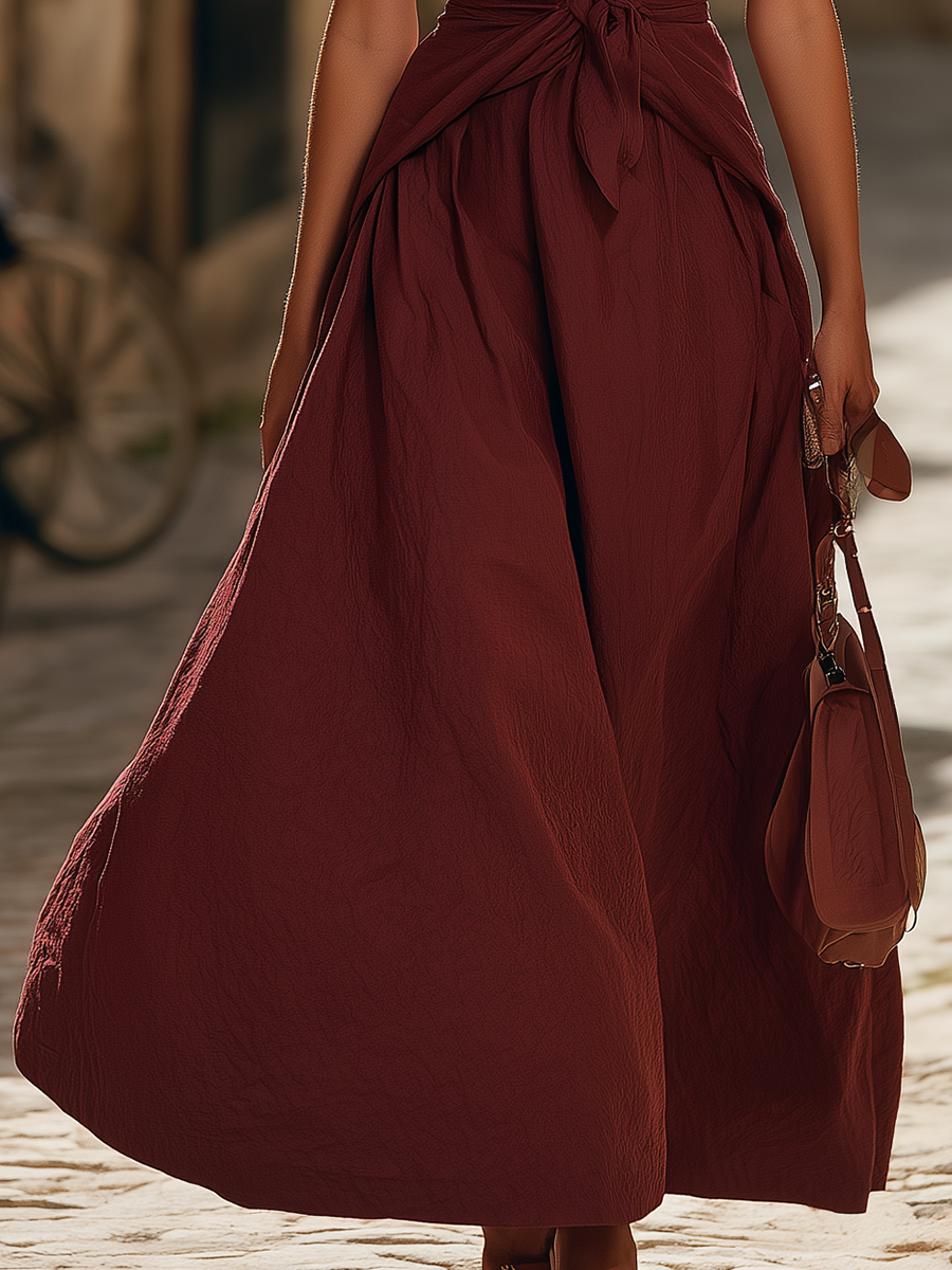 Vacation-style Burgundy V-neck Sleeveless Maxi Dress