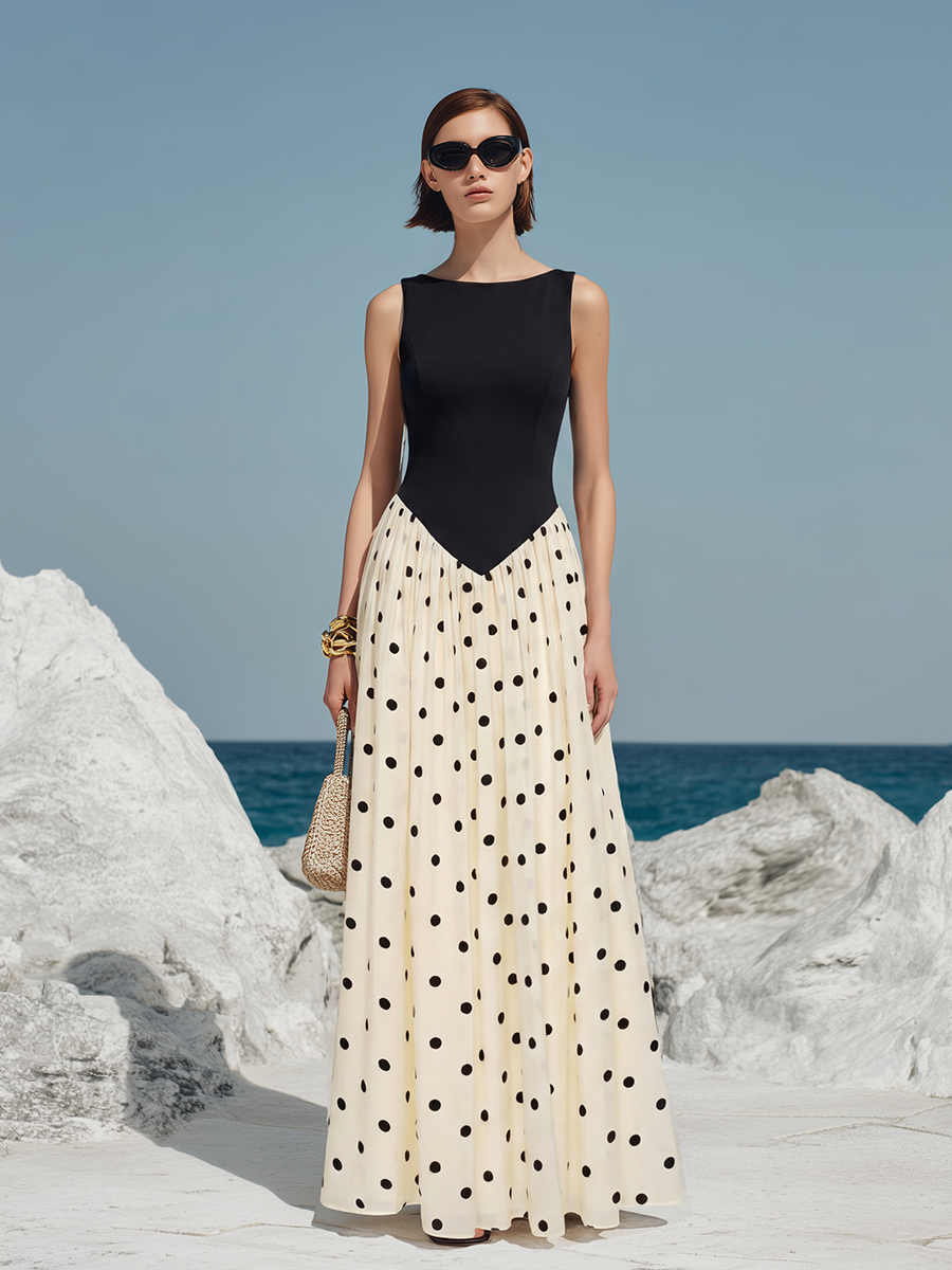 Elegant Vacation-style Black And White Polka Dot Sleeveless Maxi Dress
