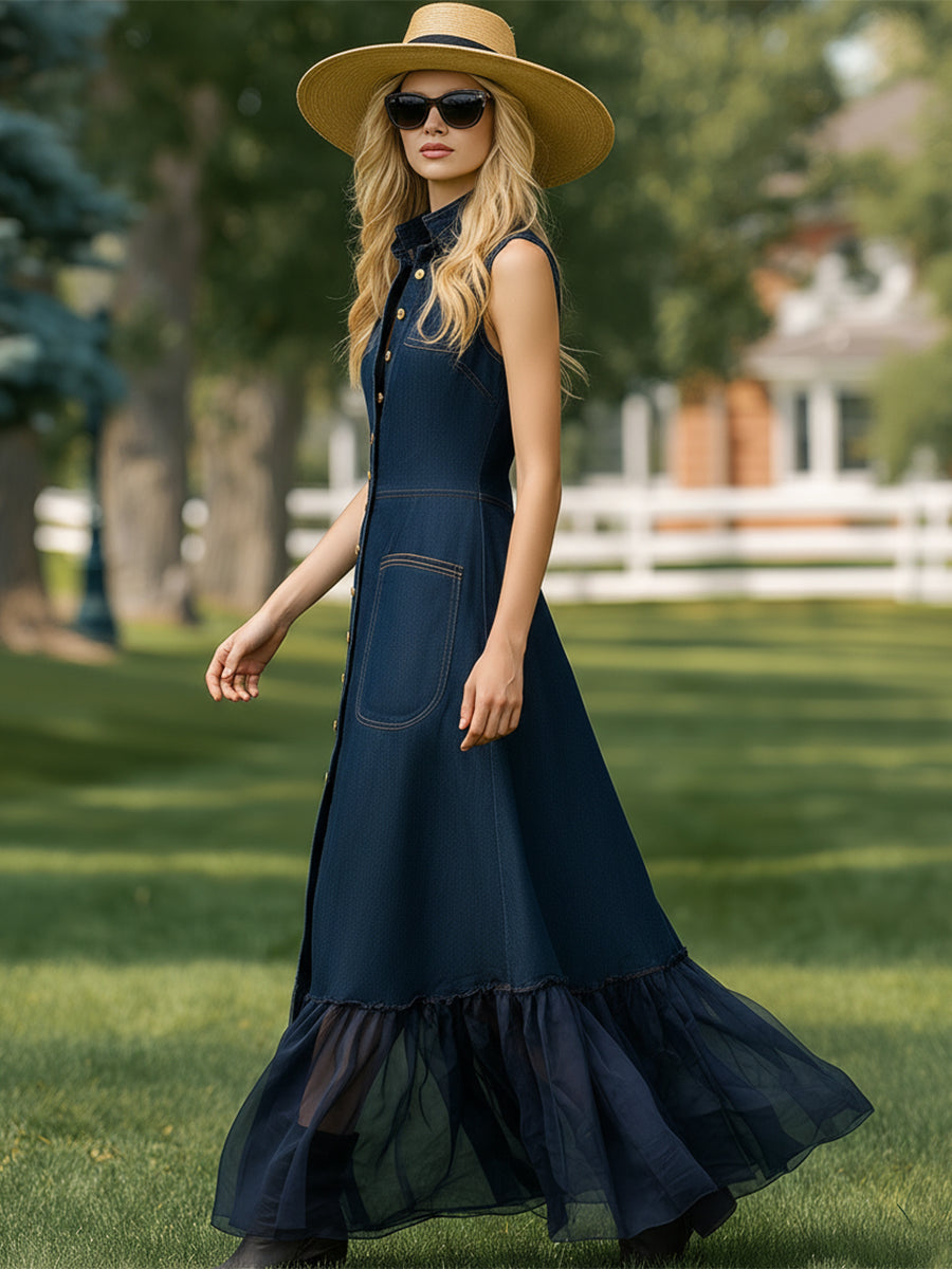 Casual And Stylish Button-down Denim Blue Ruffled Hem Sleeveless Maxi Dress