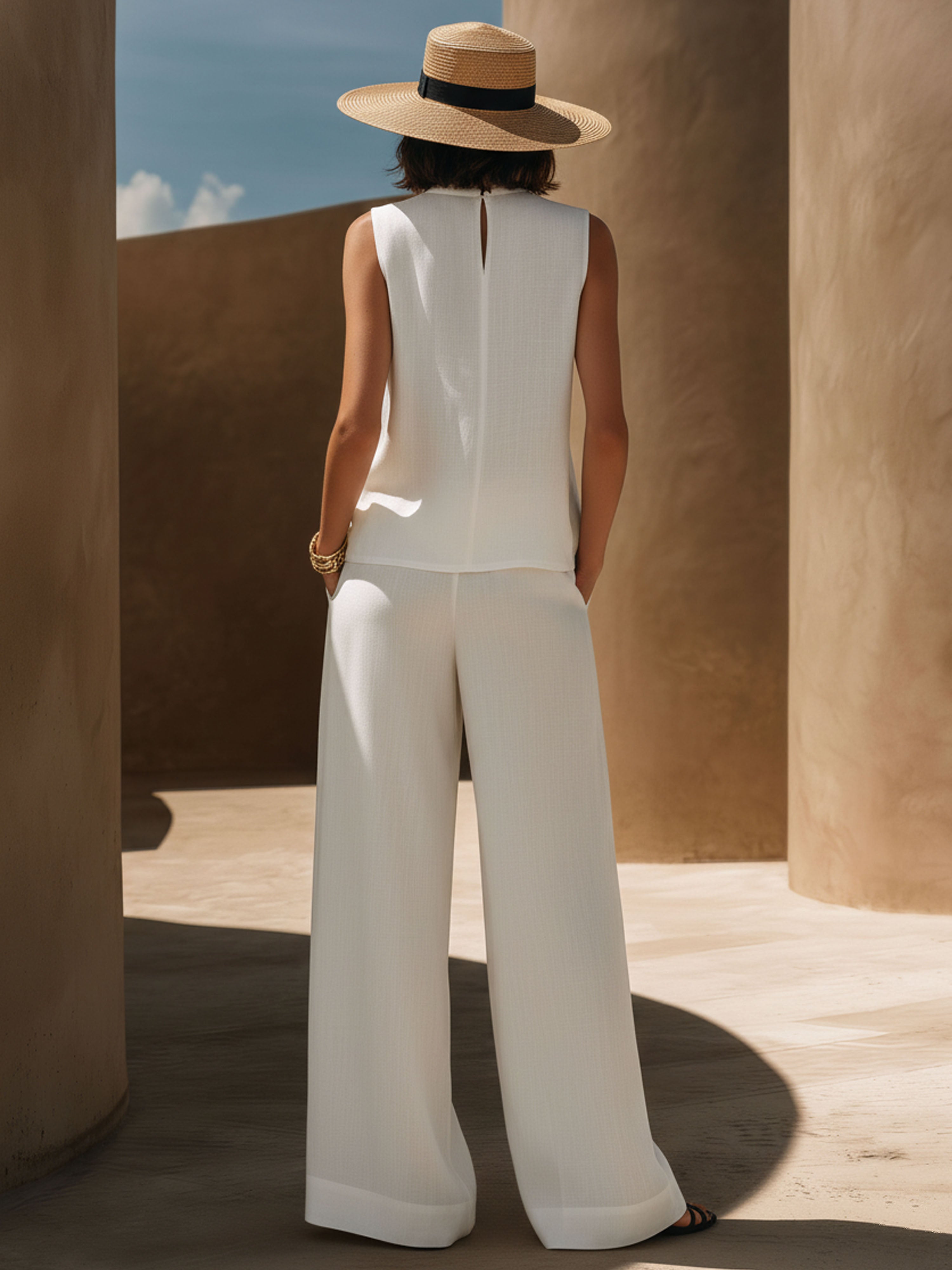 Vintage-Inspired White Cotton Linen Sleeveless Top And Trousers With Slits Set