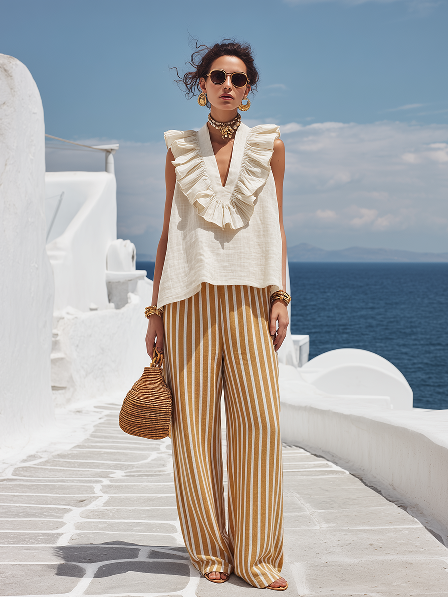 Vacation Sleeveless Ruffled Top And Striped Cotton-linen Pants Set