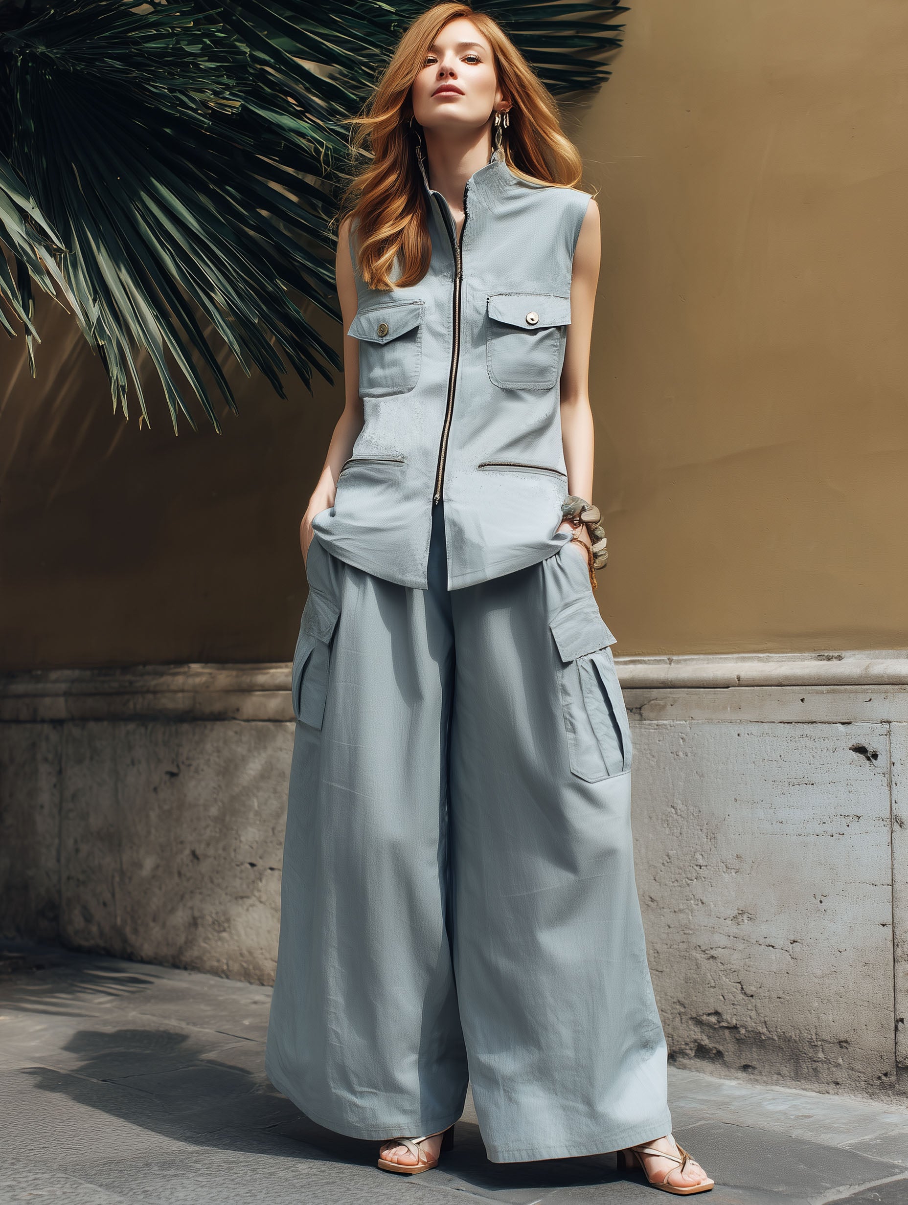 Fashionable Gray-Blue Cotton Linen Workwear Zipper Sleeveless Flap Pocket Top And Trousers Set