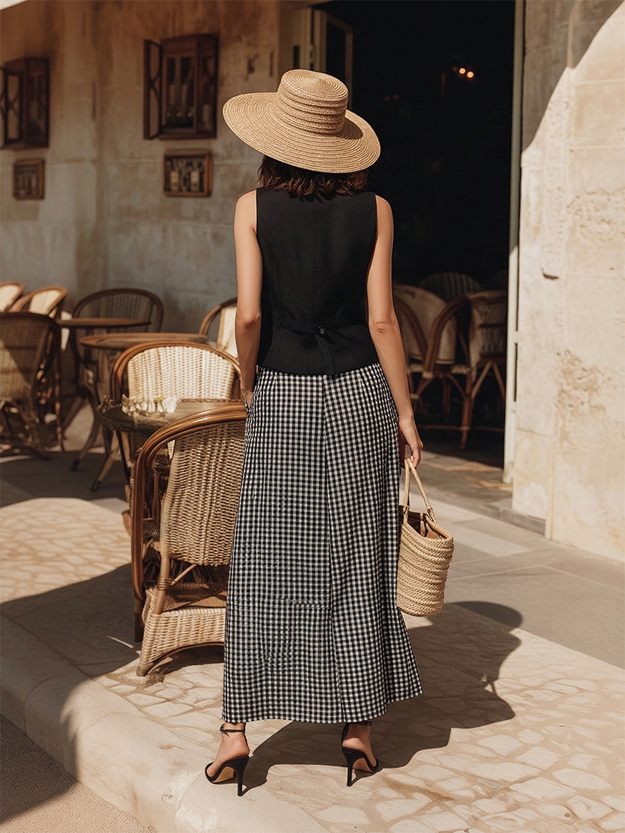 Light Luxury Resort-Style Black Vest And Plaid Skirt Cotton-Linen Set