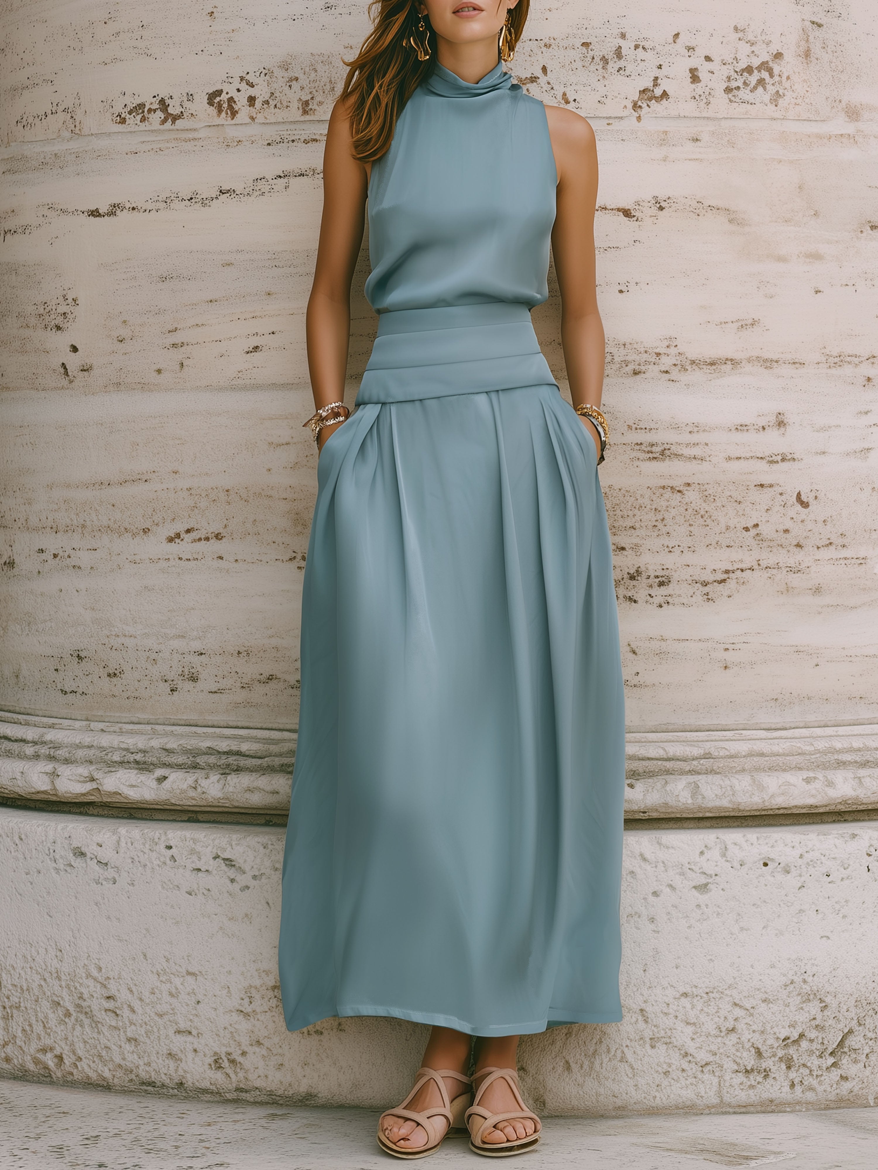 Resort-Style High-Neck Blue-Green Sleeveless Top And Long Skirt Set