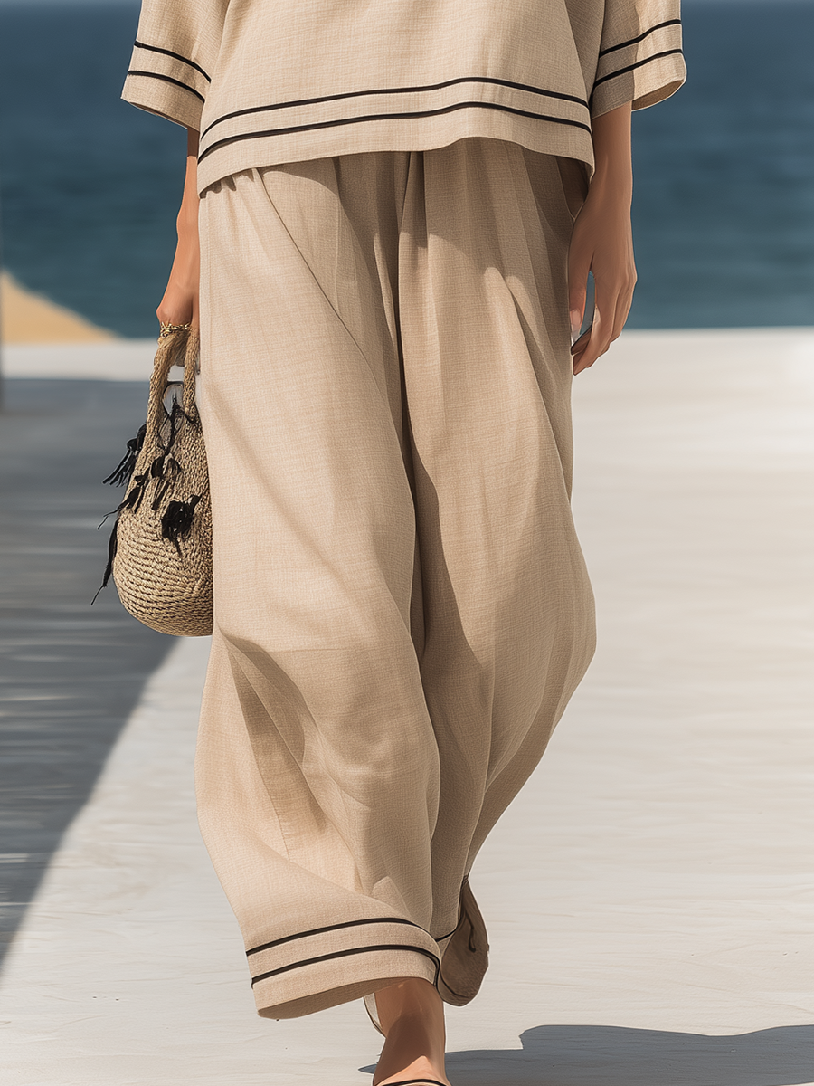 Vacation-style Beige V-neck Cotton And Linen Long-sleeved Top And Trousers Set
