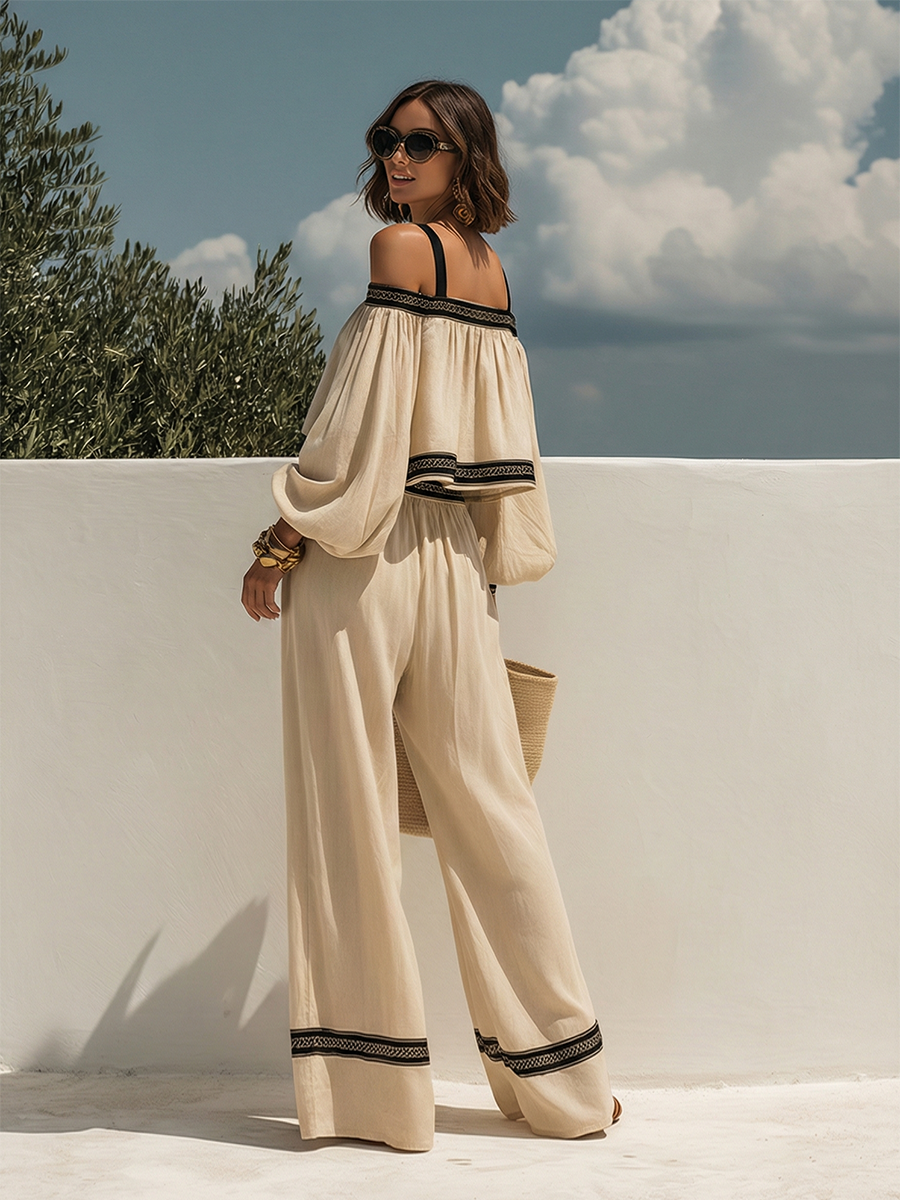 Loose-fitting Off-shoulder Short-sleeved Black Ribbon Top And Wide-leg Pants Set