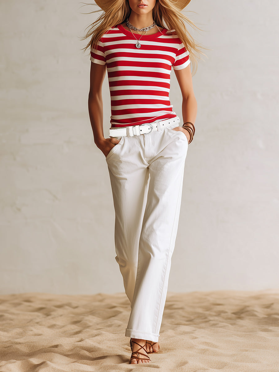 Fashionable And Casual Red And White Striped T-shirt And White Straight-leg Pants Set