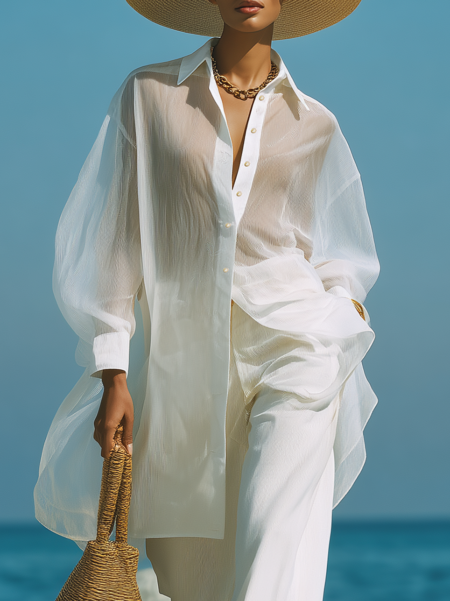 Chic Vacation White Sheer Long-sleeved Shirt And Pants Set