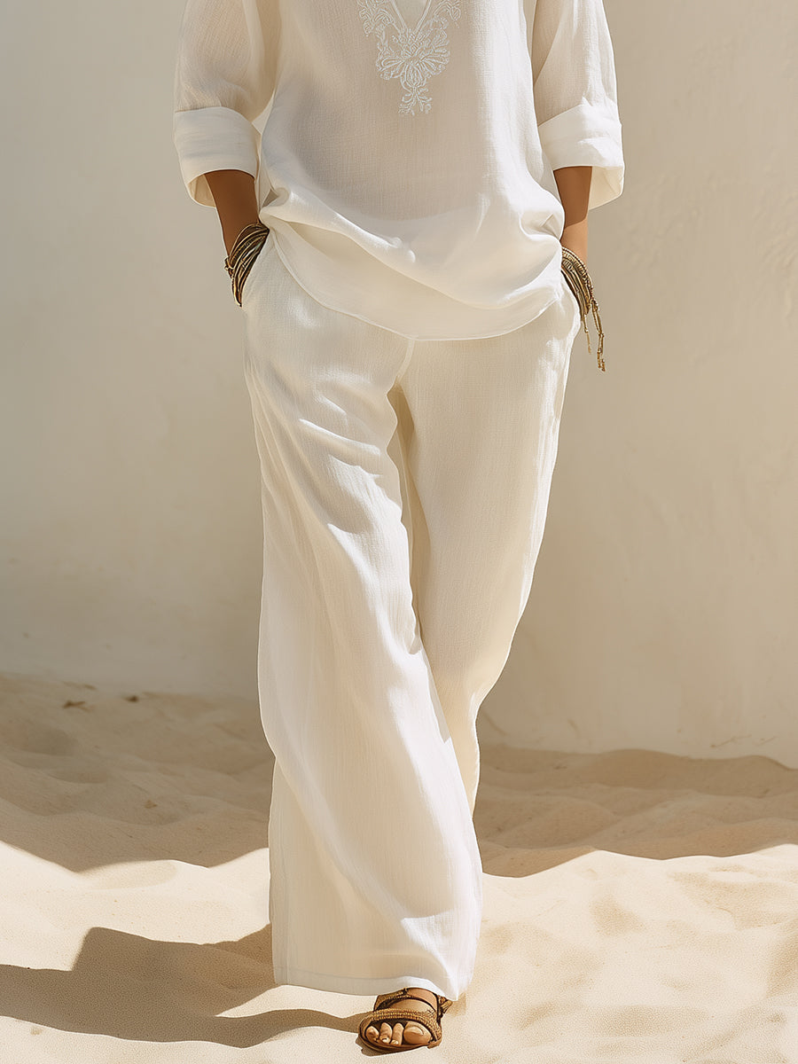 Mediterranean Minimalist Embroidered White Cotton Linen V-neck Top And Wide-leg Pants Set