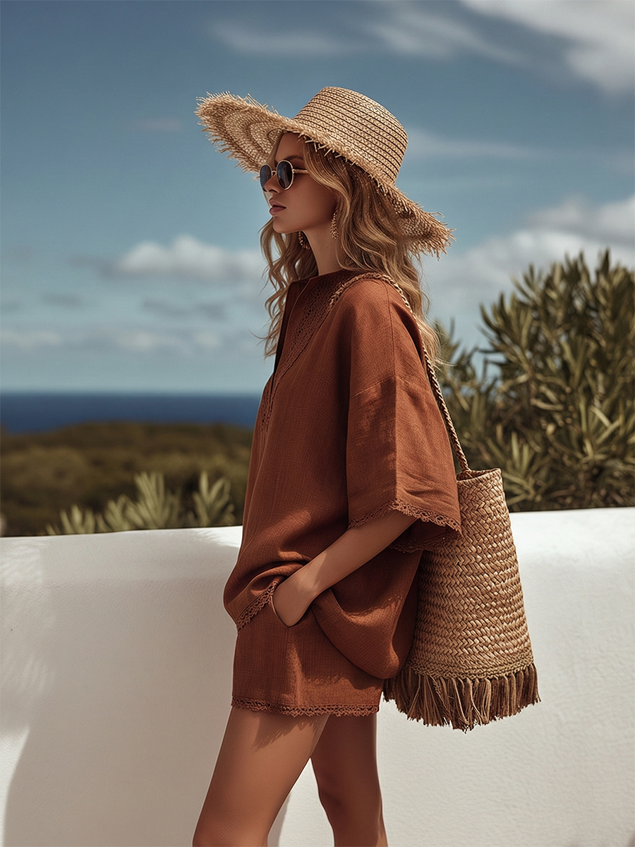 Loose-fitting Resort-style Brown Lace Trim Short-sleeved Top And Shorts Set