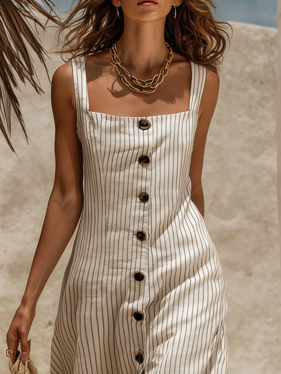 Simple Casual Square-Neck Sleeveless Striped Cotton-Linen Maxi Dress