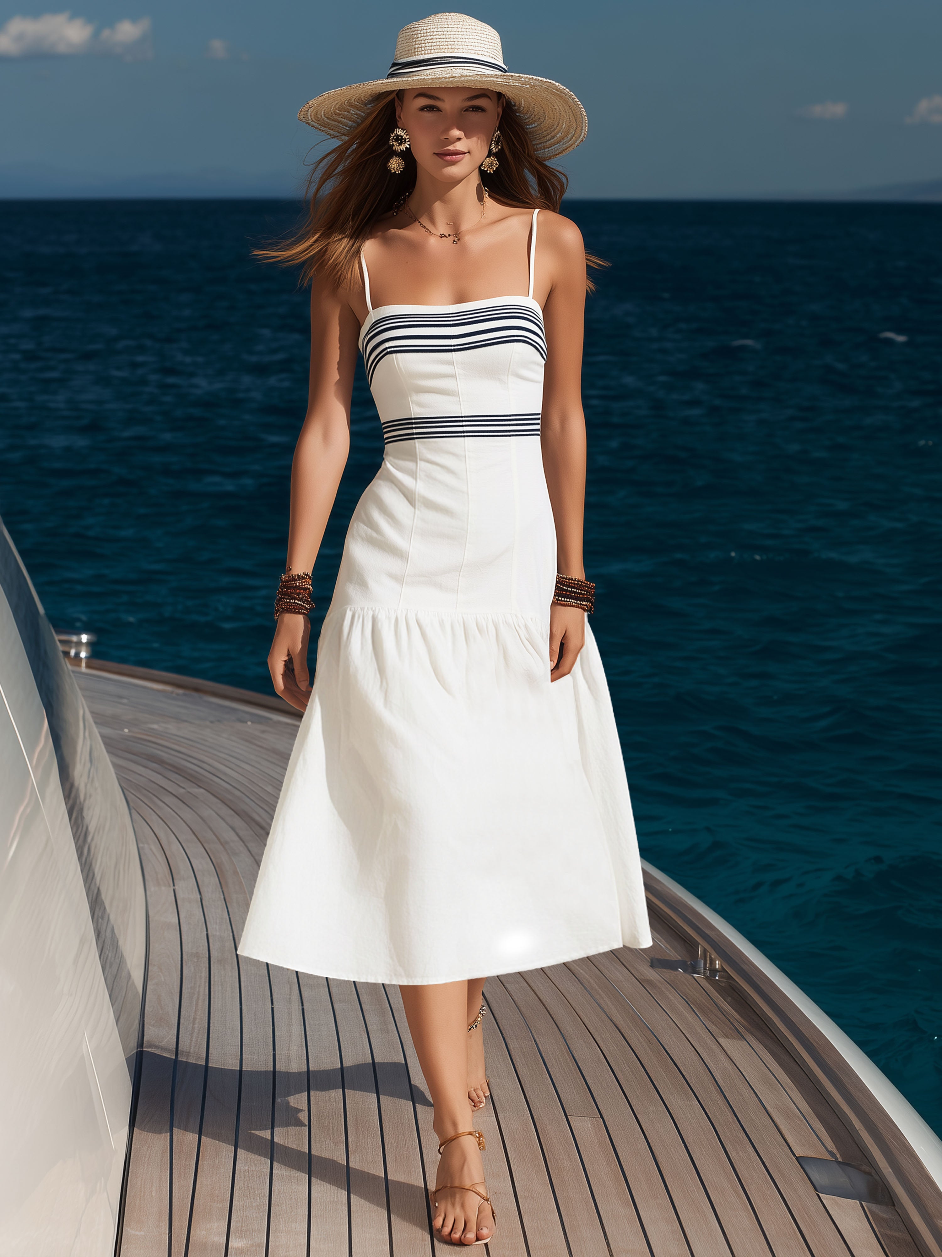 Resort-Style Blue Striped Patchwork White Spaghetti Strap Midi Dress