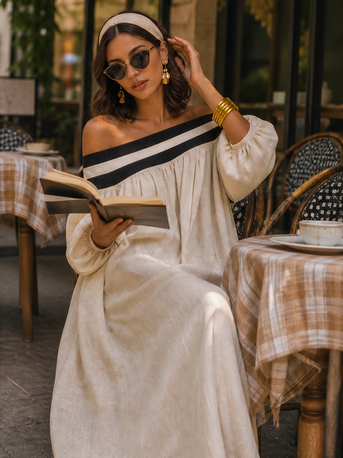 Loose-fitting Color-blocked Off-the-shoulder Beige Cotton-linen Maxi Dress