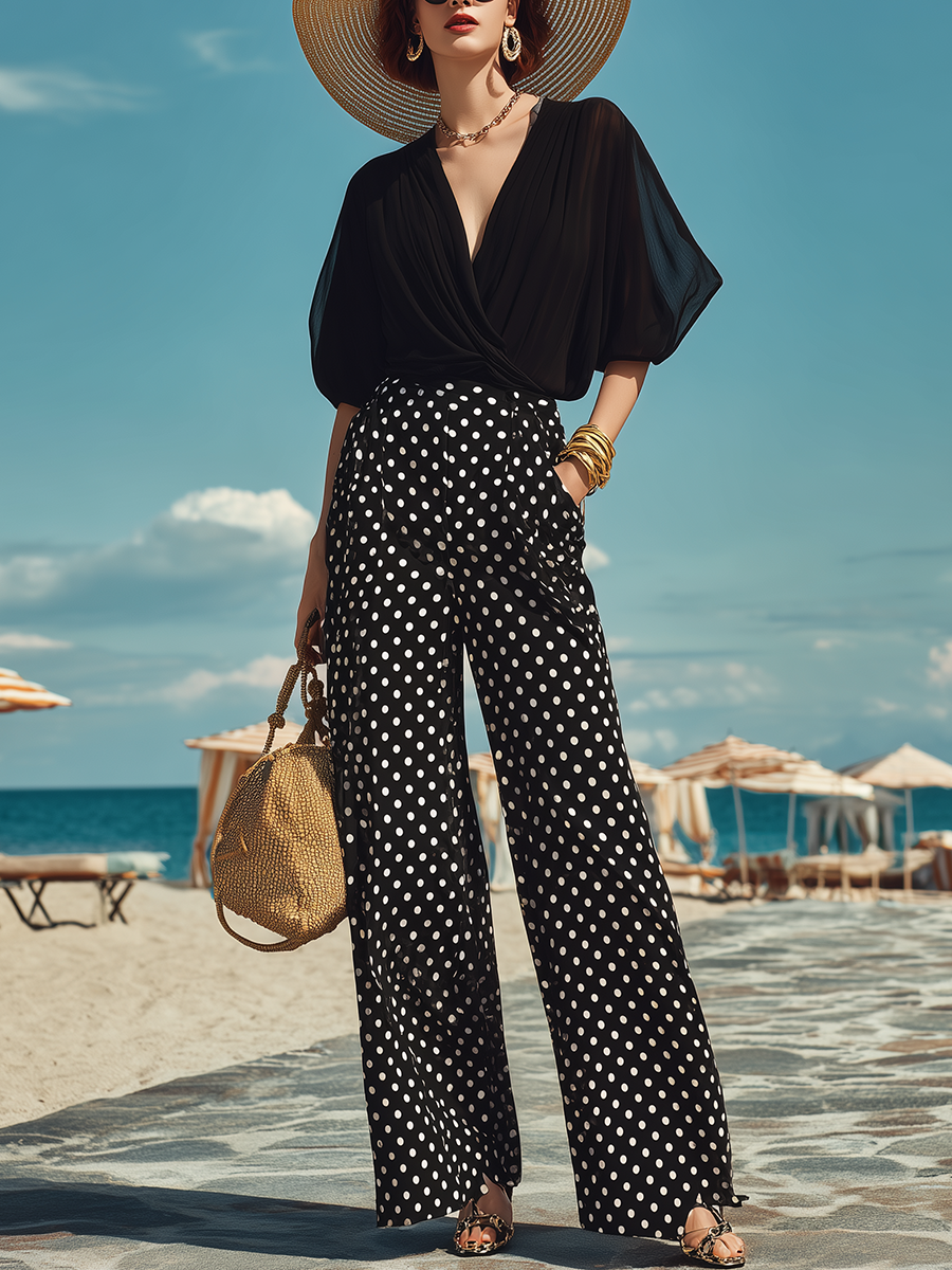 Resort-style Black V-neck Short-sleeved Top And Polka Dot Wide-leg Pants Set