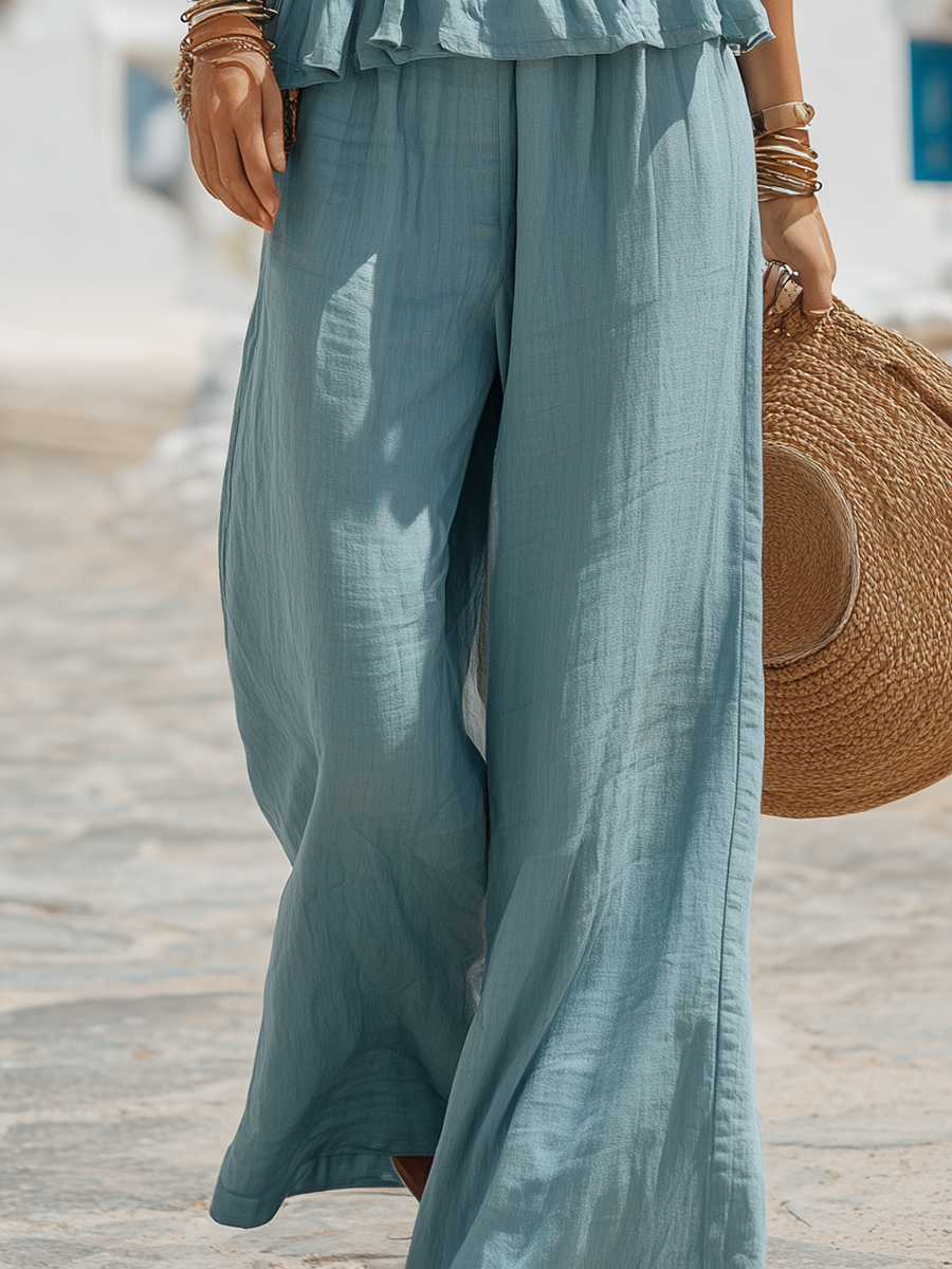 Resort-style Blue Sleeveless Vest With Ruffled Top And Wide-leg Pants Set