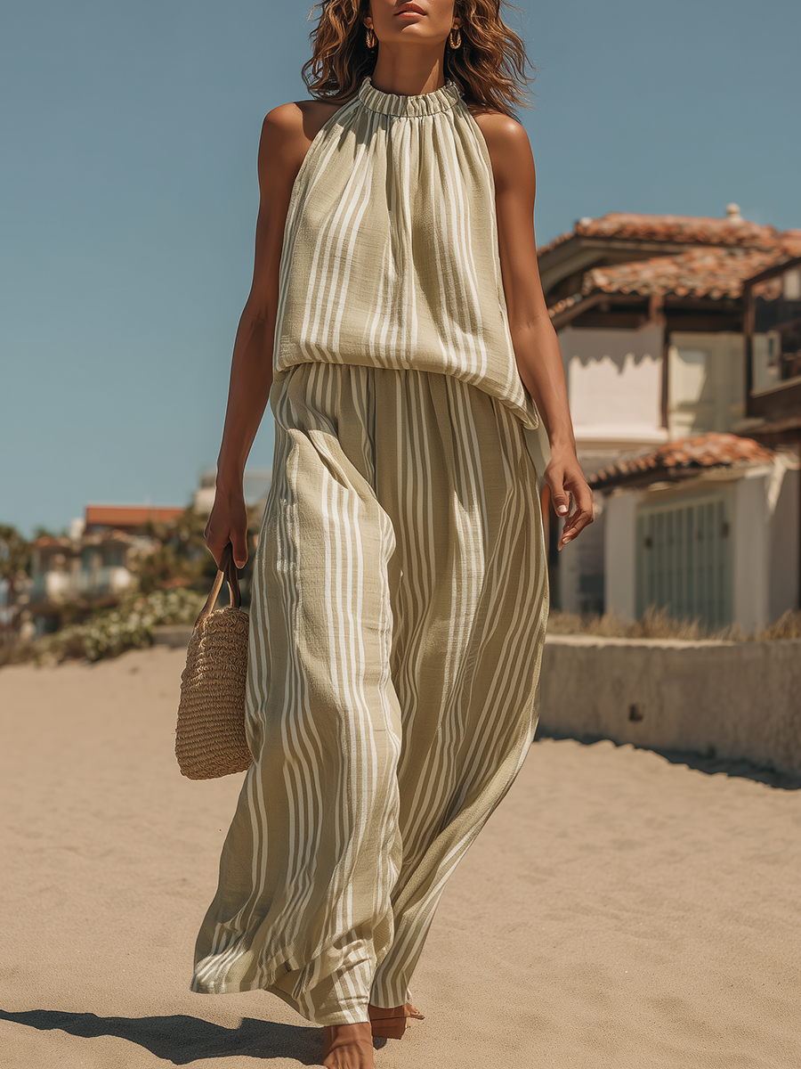 Vacation-style Cotton And Linen Striped Sleeveless Top And Trousers Set