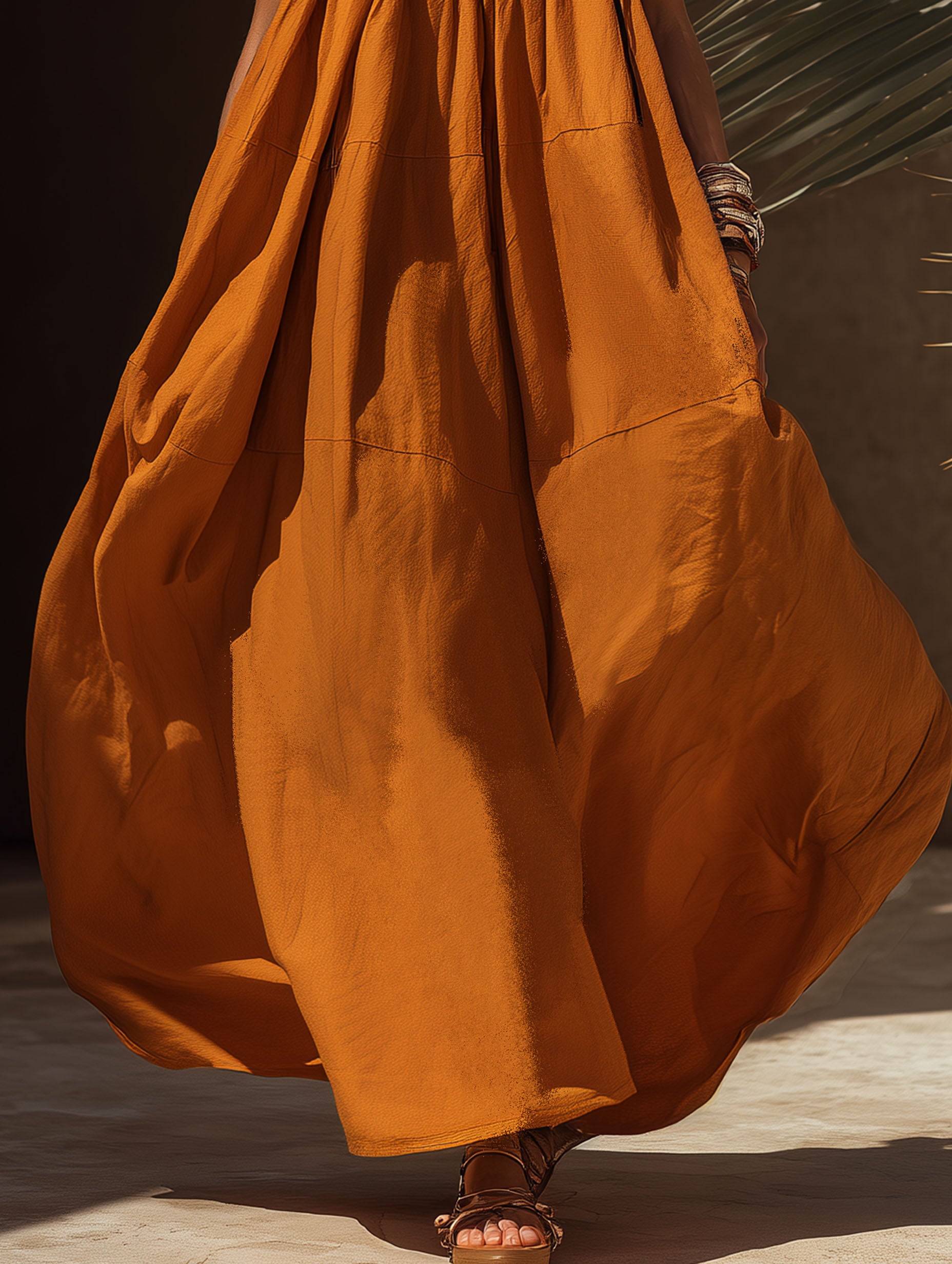 Elegant Orange Cotton Linen Bow Tie Maxi Dress