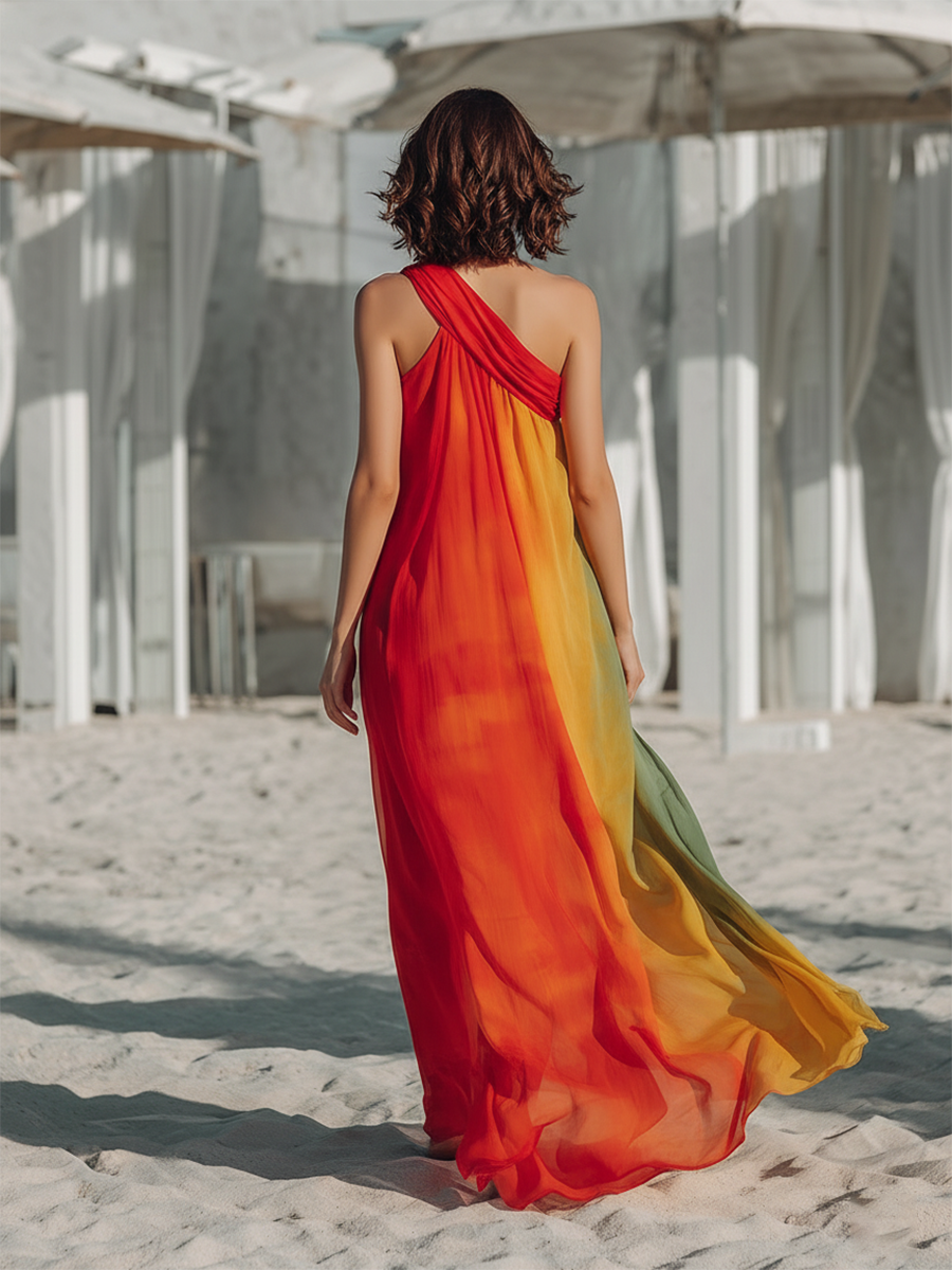 Romantic Bohemian One-Shoulder Ombré-Print Chiffon Maxi Dress