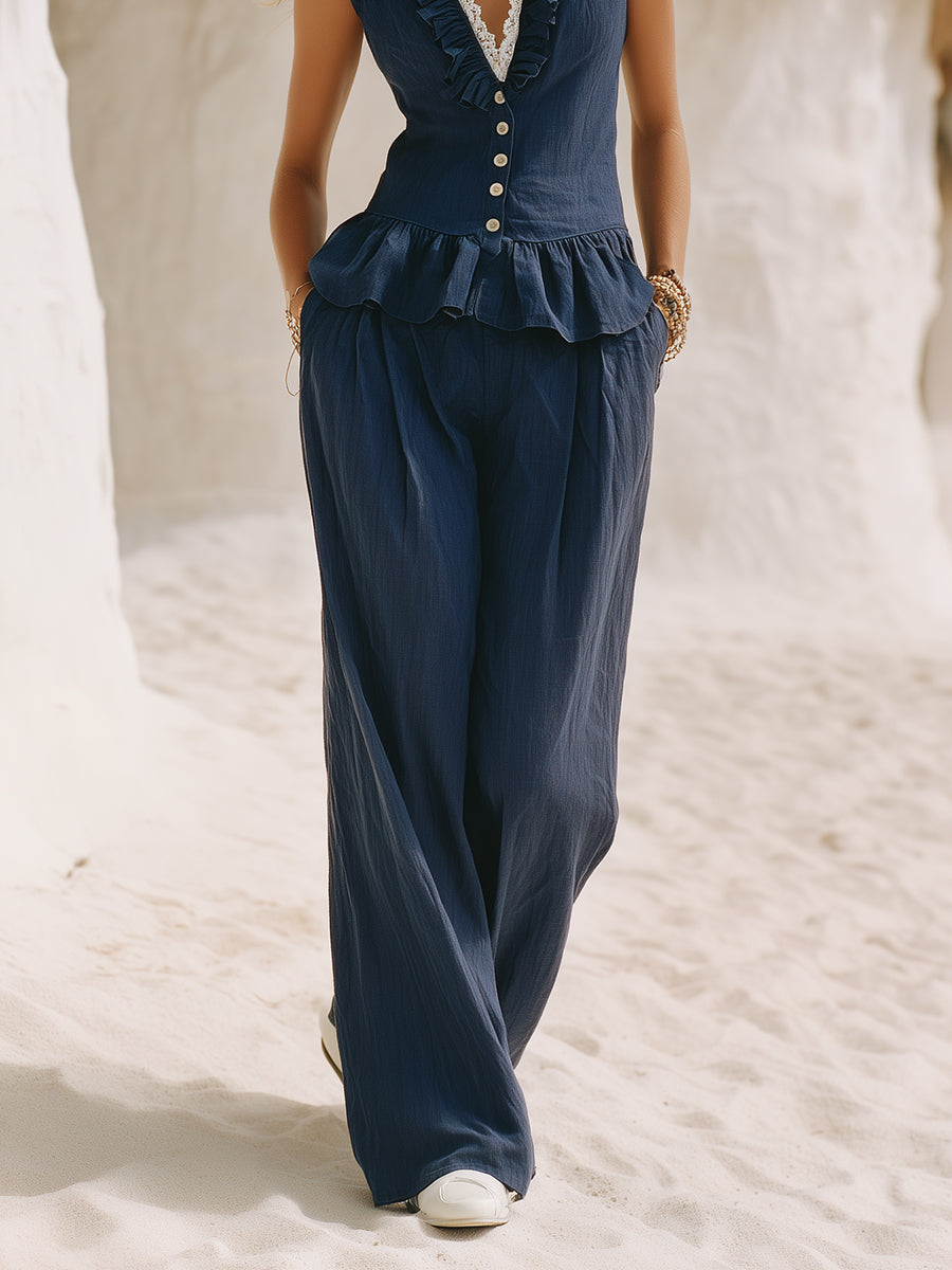 Bohemian Style Navy Blue Cotton Linen V-neck Ruffled Lace-trimmed Vest And Wide-leg Pants Set