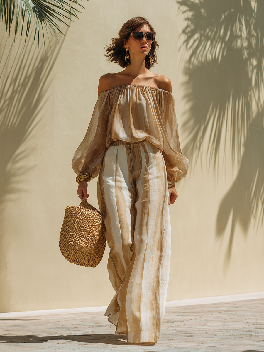 Chic Vacation-style Tencel Printed Off-the-shoulder Top And Wide-leg Pants Set