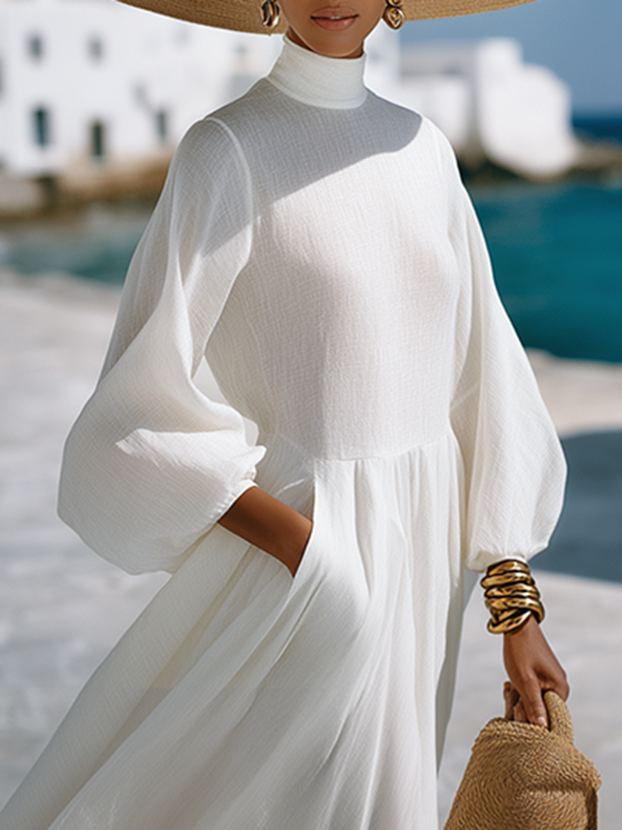 Cotton And Linen Simple Resort-style White Mock Neck Maxi Dress