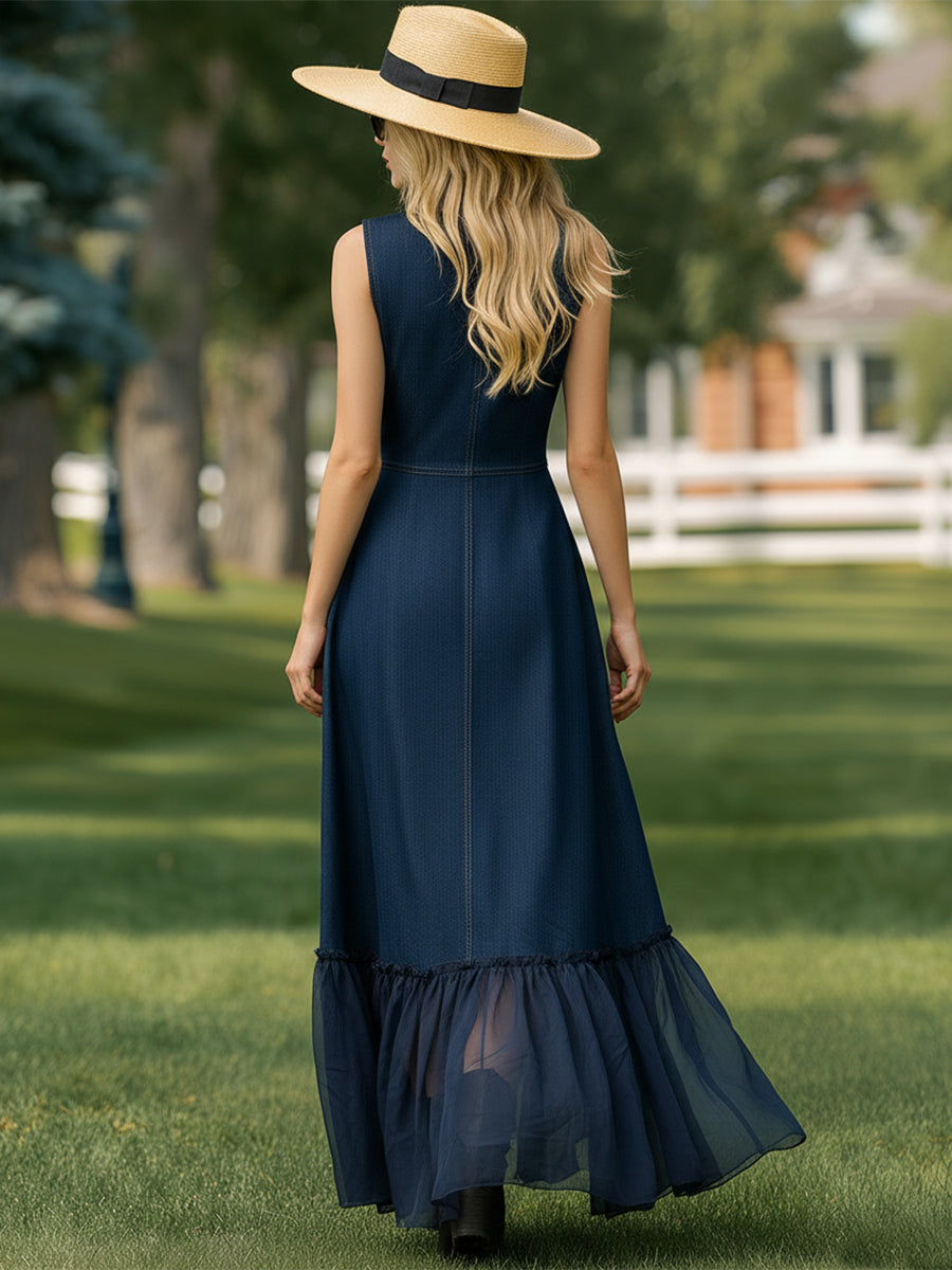 Casual And Stylish Button-down Denim Blue Ruffled Hem Sleeveless Maxi Dress