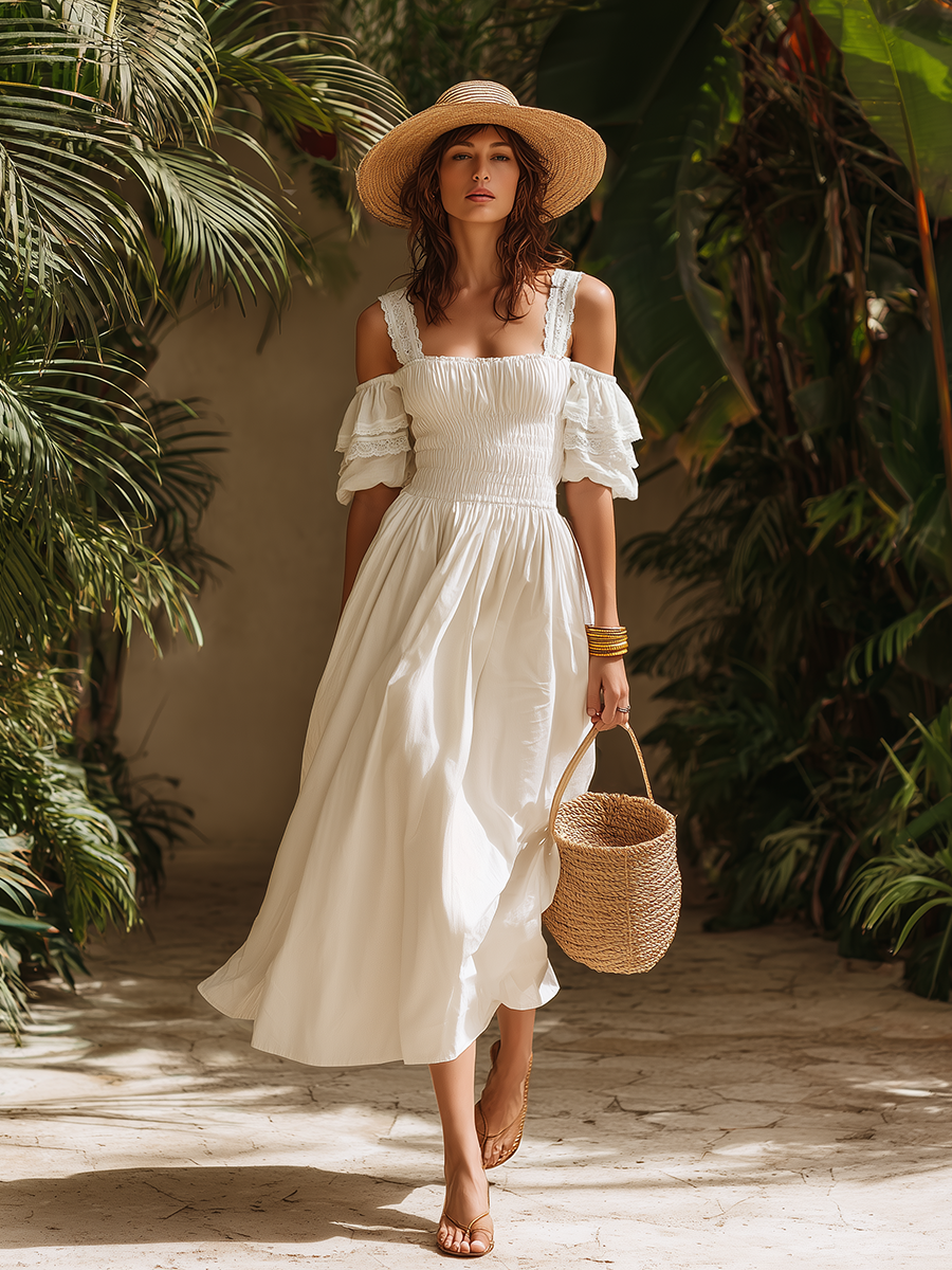 Elegant Vacation Short-sleeved Ruffled White Cotton And Linen Maxi Dress