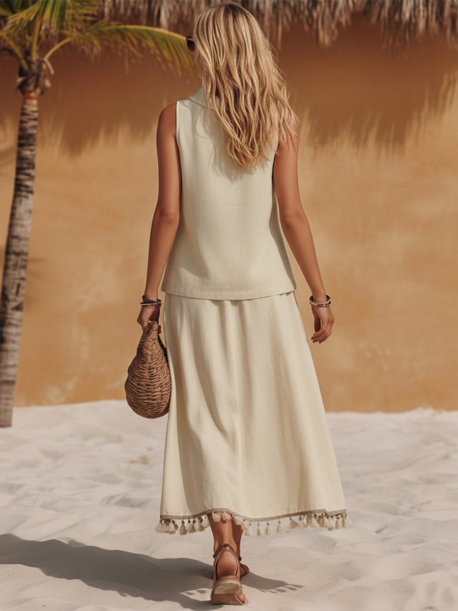 Bohemian Coast Sleeveless Beige Cotton Linen Draped Neck Embroidered Top And Tassel-Trimmed Cotton Linen Skirt Set