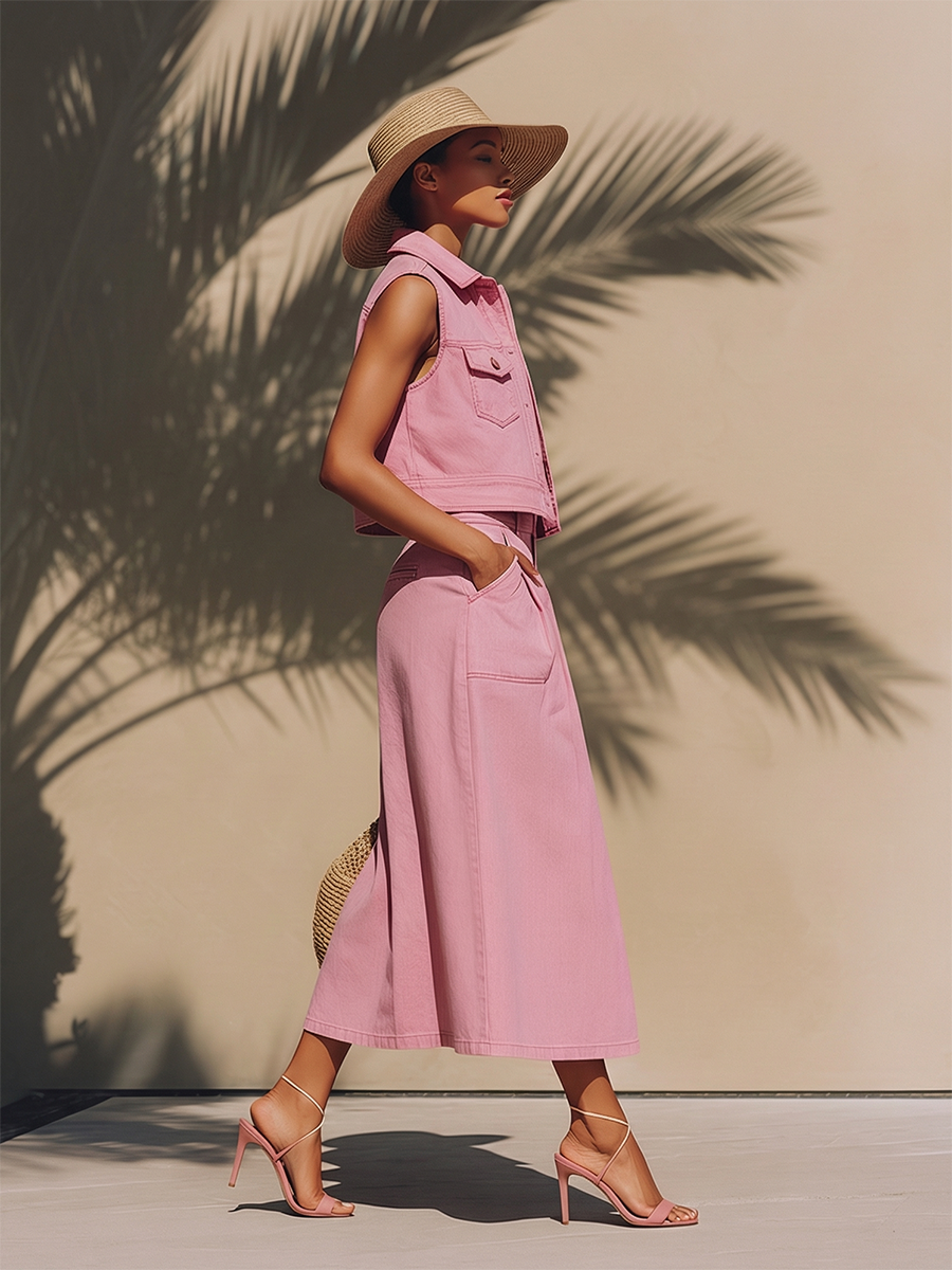 Trendy Vacation Sleeveless Top And Skirt Pink Denim Set