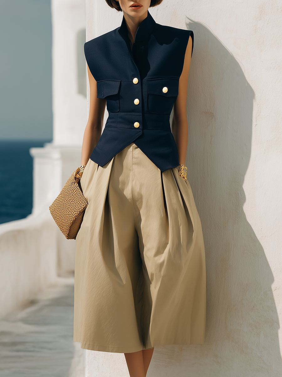 Stylish Vacation Navy Blue Vest And Light Khaki Wide-leg Cropped Trousers Set