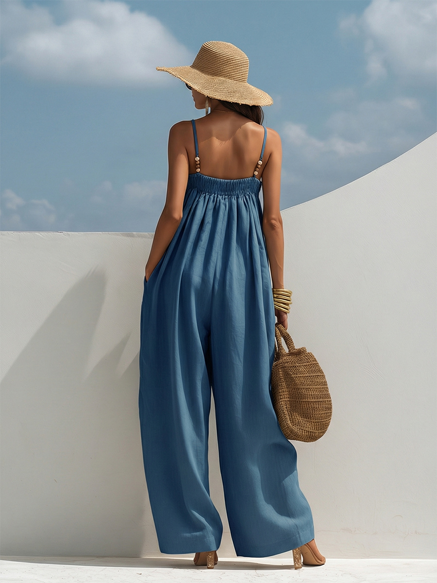 Casual Vacation Beaded Spaghetti Strap Wide-Leg Cotton Linen Jumpsuit