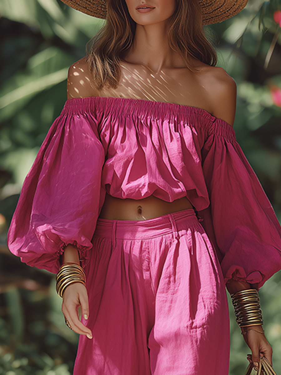 Romantic Vacation Style Cotton Off-the-shoulder Top And Wide-leg Pants Set