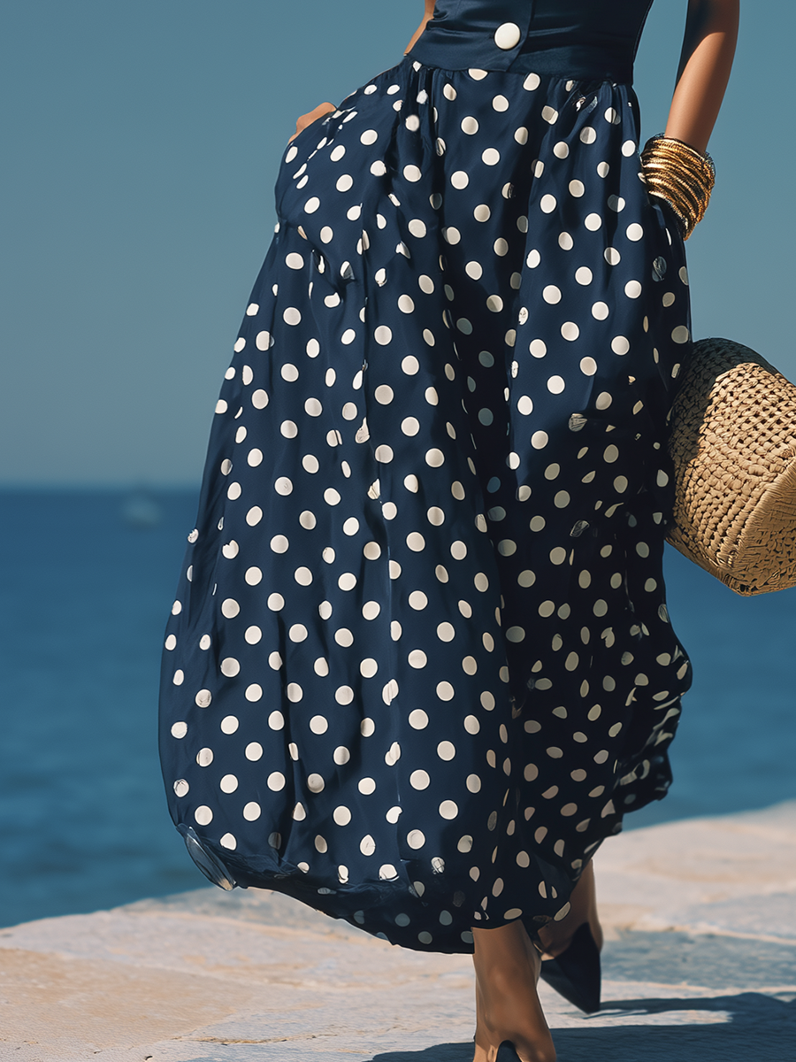 Stylish Nautical-inspired White Polka Dot Dark Blue Satin Maxi Dress