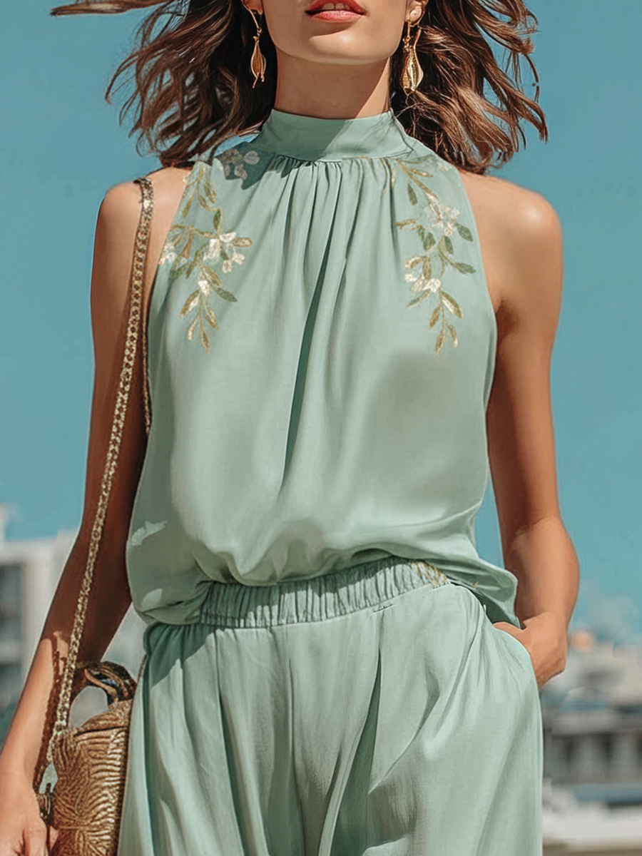 Vacation-style Cotton Sleeveless Turtleneck Embroidered Top And Pants Set