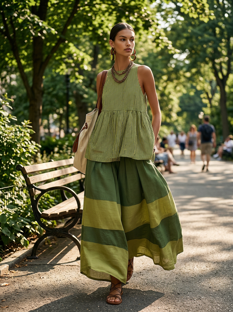 Retro-chic Striped Top And Color-blocked Wide-leg Pants