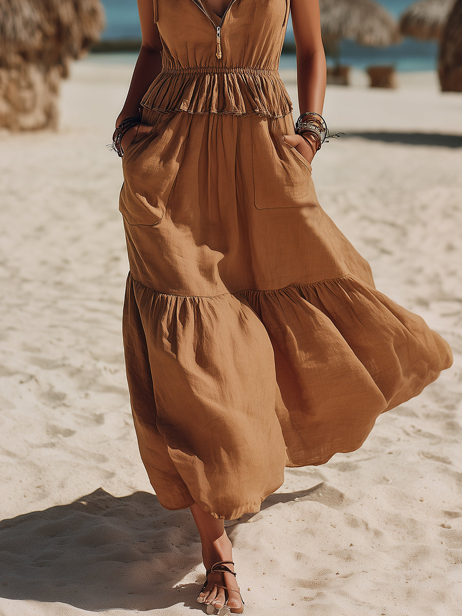 Casual Vacation Brown Ruffled Zip-up Sleeveless Hooded Midi Dress