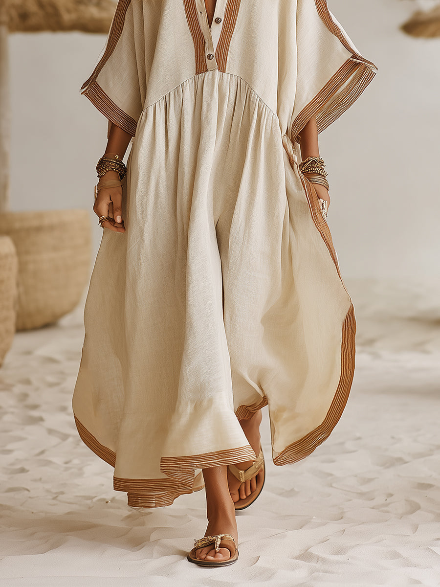 Casual Bohemian Striped Beige Cotton Linen Button-Down Loose Maxi Dress