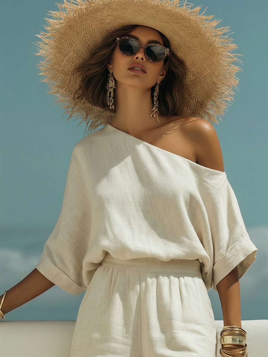 Casual Bohemian Style Fringe Short-Sleeve Top And Shorts Cotton Linen Set