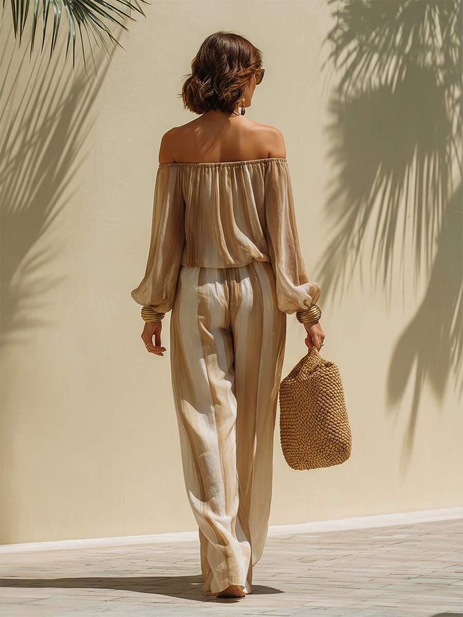 Chic Vacation-style Tencel Printed Off-the-shoulder Top And Wide-leg Pants Set