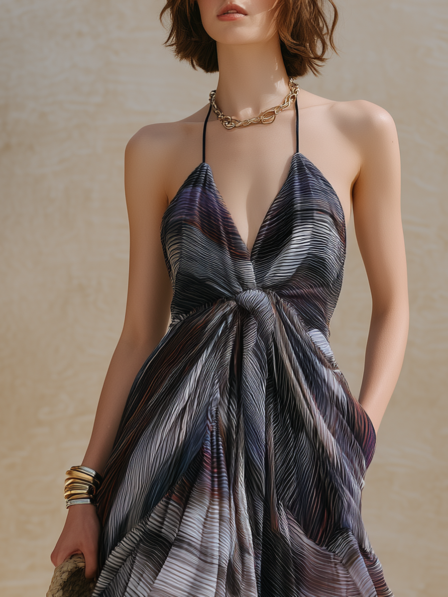 Romantic Bohemian Sleeveless Geometric Print Chiffon Maxi Dress