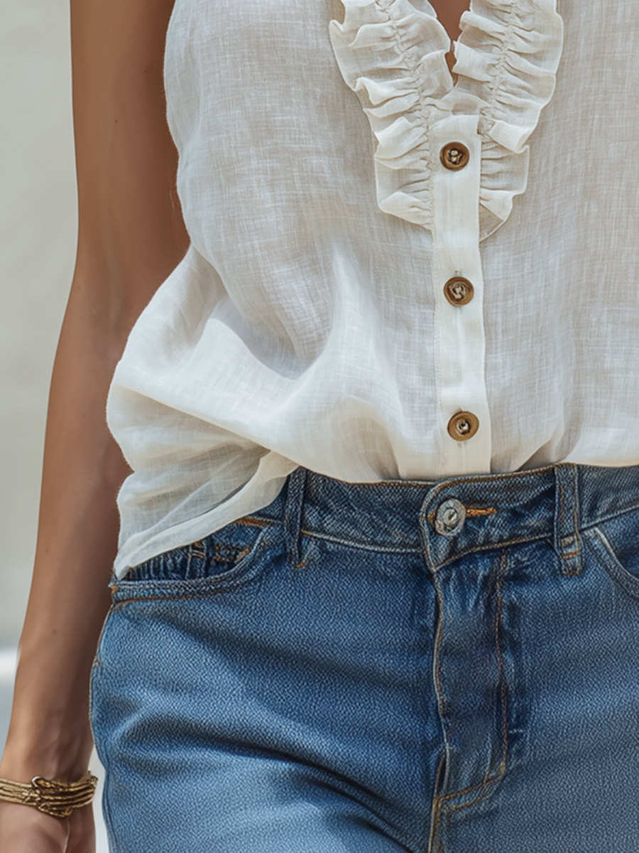 Romantic Bohemian V-Neck Ruffled Sleeveless Cotton-Linen Shirt