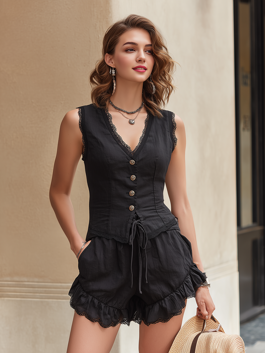 Vacation-Style Chic Black V-Neck Top And Shorts Set